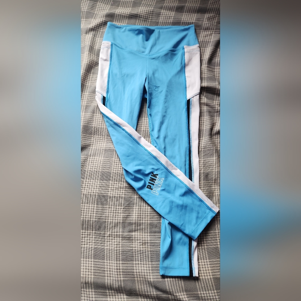 Pink athletic leggings, sky blue